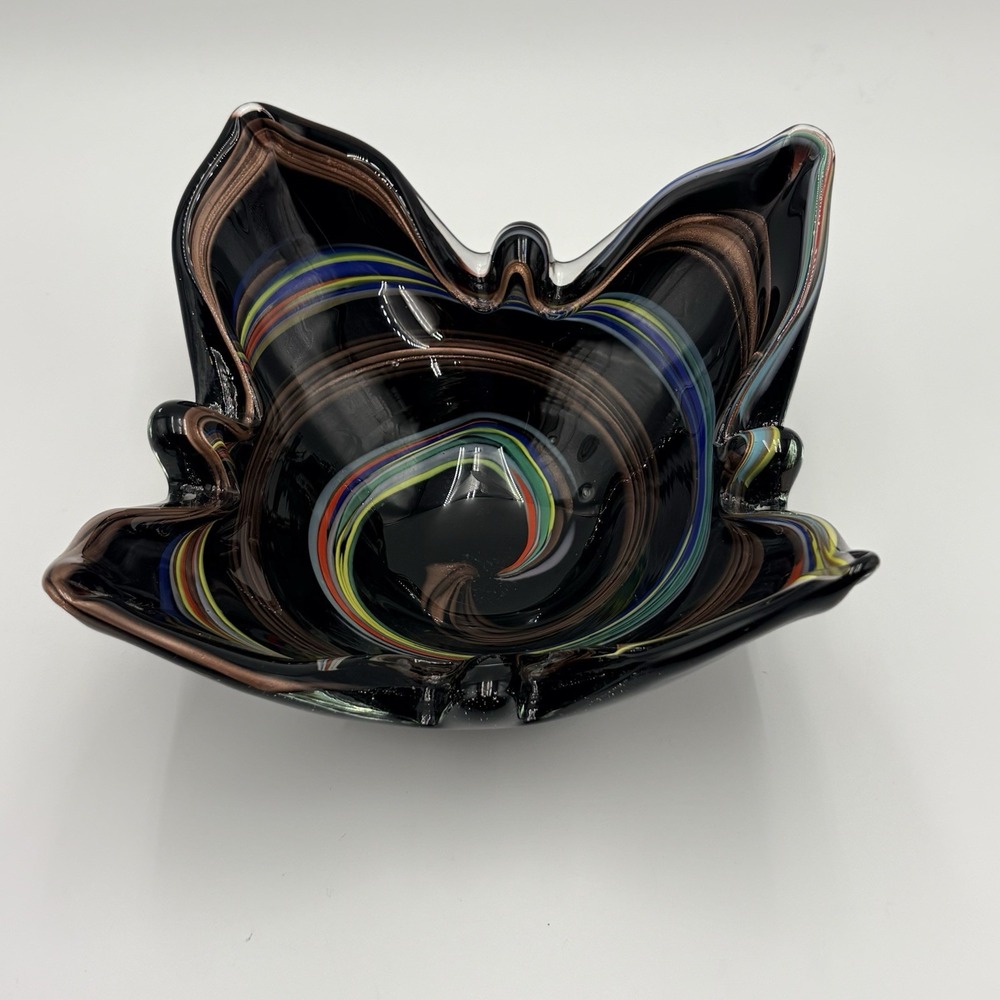 Murano Hand Blown Art Glass Bowl Black Rainbow Swirl Ruffled Italy Vintage